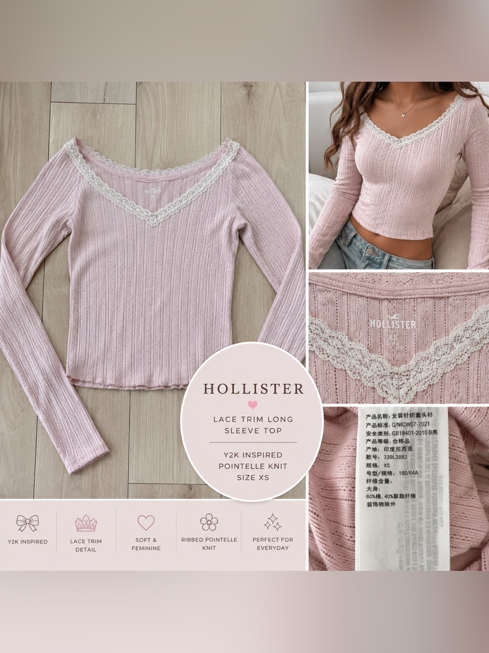 Hollister Y2K Pink Lace Trim Long Sleeve Top XS Ribbed Knit